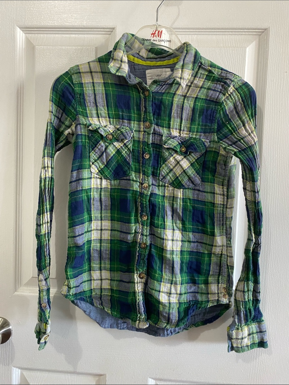 VINTAGE H&M L.O.G.G. Green Blue Plaid Crinkle Cotton Flannel Shirt US 2 XS RARE